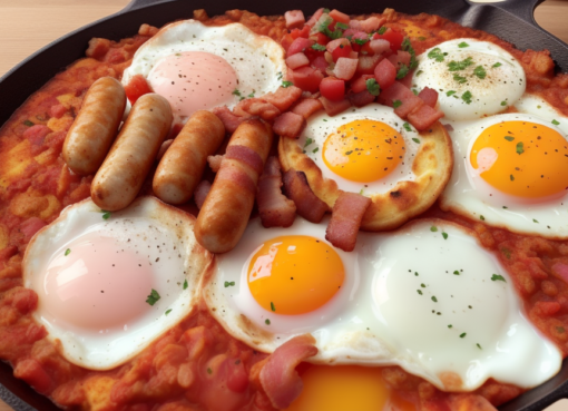 Mic dejun englezesc cu bacon, cârnați, fasole și ou